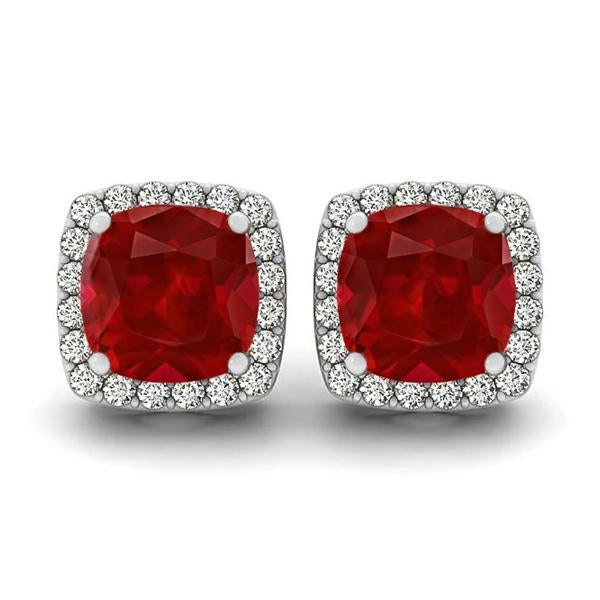 Cushion Ruby With Diamonds 8.40 Carats Studs Earrings Halo Gold 14K