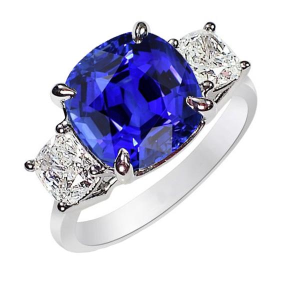 Cushion Sapphire 3 Stone Diamond Ring Prong Gold Jewelry 4 Carats