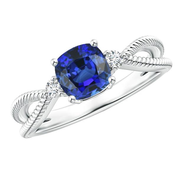 Cushion Sapphire 3 Stone Ring Split Shank 2.25 Carats Rope Style