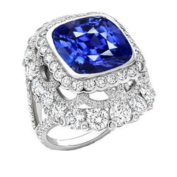 Cushion Sapphire Natural Earth Mined Diamond Halo Ring Bezel Set 6 Carats Gold Split Shank