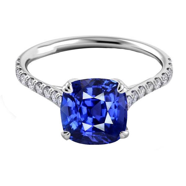 Cushion Sapphire Gemstone Ring 3.50 Carats Double Prong Diamonds