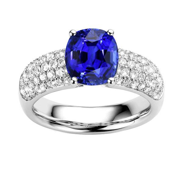 Cushion Sapphire Gemstone Ring White Gold 14K Diamonds 3.50 Carats