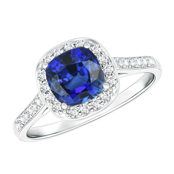 Cushion Sapphire Halo Diamond Ring 3.50 Carats 14K White Gold Jewelry