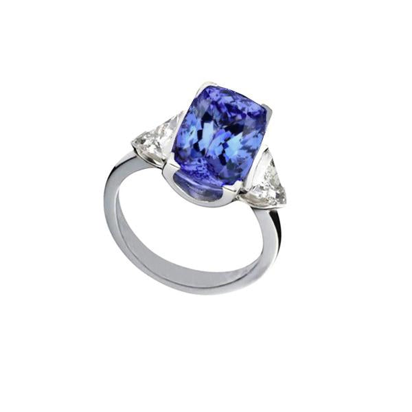 Cushion Tanzanite And Diamonds 3 Stone Ring 5 Carat White Gold