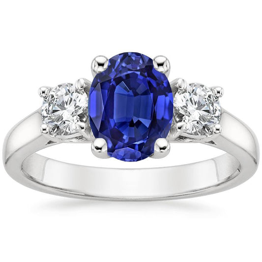 Diamond 3 Stone Engagement Ring Oval Blue Sapphire 2.50 Carats