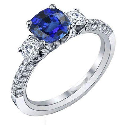 Diamond 3 Stone Style Cushion Sri Lankan Sapphire Ring 3.50 Carats