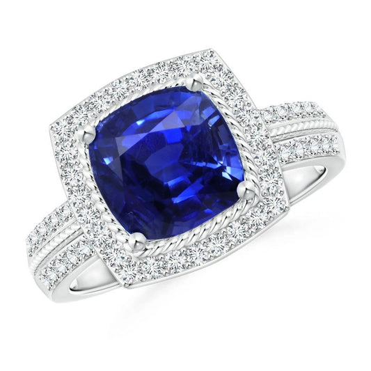 Diamond And Sapphire Halo Engagement Ring 3.70 Carats White Gold 14K