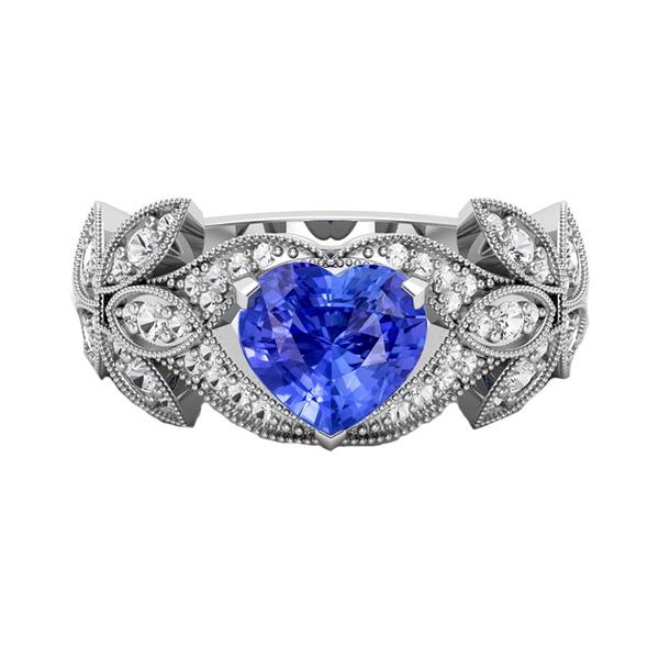 Diamond Anniversary Heart Blue Sapphire Ring Antique Style 2.50 Carats