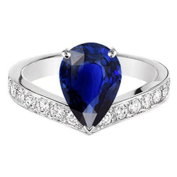 Natural Earth Mined Diamond Anniversary Ring Pear Ceylon Sapphire 4 Carats Ladies Jewellery