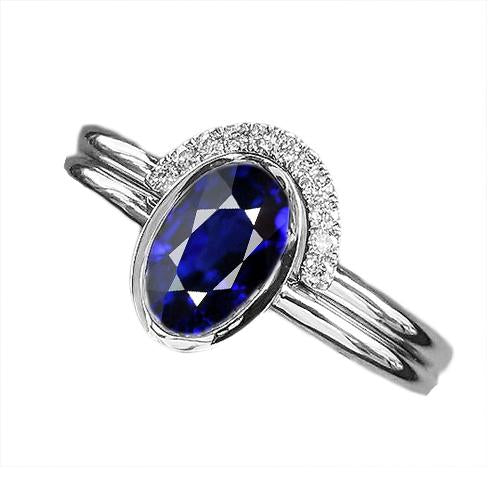 Diamond Band & Oval Blue Sapphire Wedding Ring Set 3 Carats White Gold