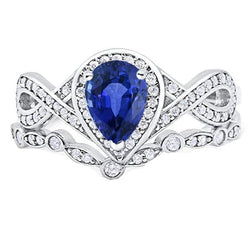 Natural Earth Mined Diamond Ceylon Sapphire Wedding Ring Set Crown Style 3.50 Carats