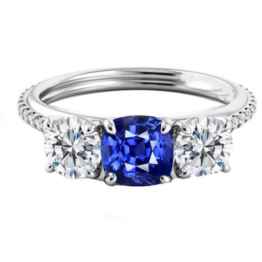 Diamond Cushion Blue Sapphire Ring 3 Stone Style & Accents 3.50 Carats