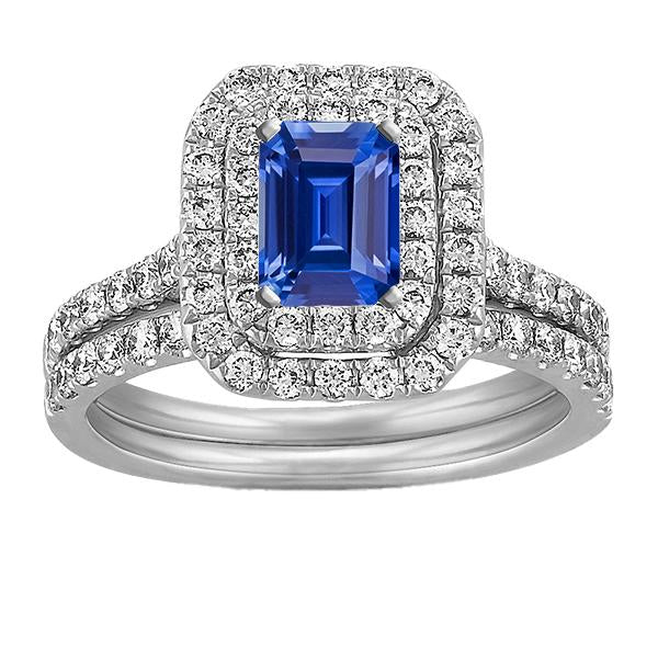 Diamond Double Halo Emerald Blue Sapphire Wedding Ring Set 5 Carats
