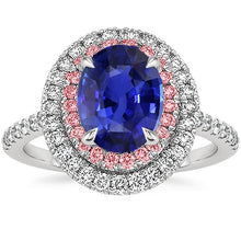 Diamond Double Halo Oval Blue & Pink Sapphire Ring 5 Carats Prong Set