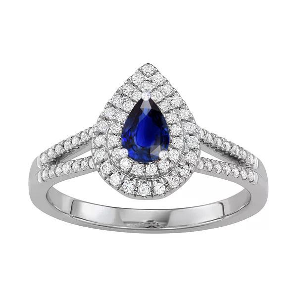 Diamond Double Halo Pear Blue Sapphire Ring Split Shank 3 Carats