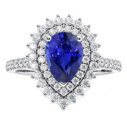 Natural Earth Mined Diamond Double Halo Ring Flower Style Pear Blue Sapphire 5.50 Carats