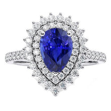 Diamond Double Halo Ring Flower Style Pear Blue Sapphire 5.50 Carats
