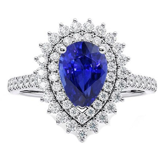 Diamond Double Halo Ring Flower Style Pear Blue Sapphire 5.50 Carats