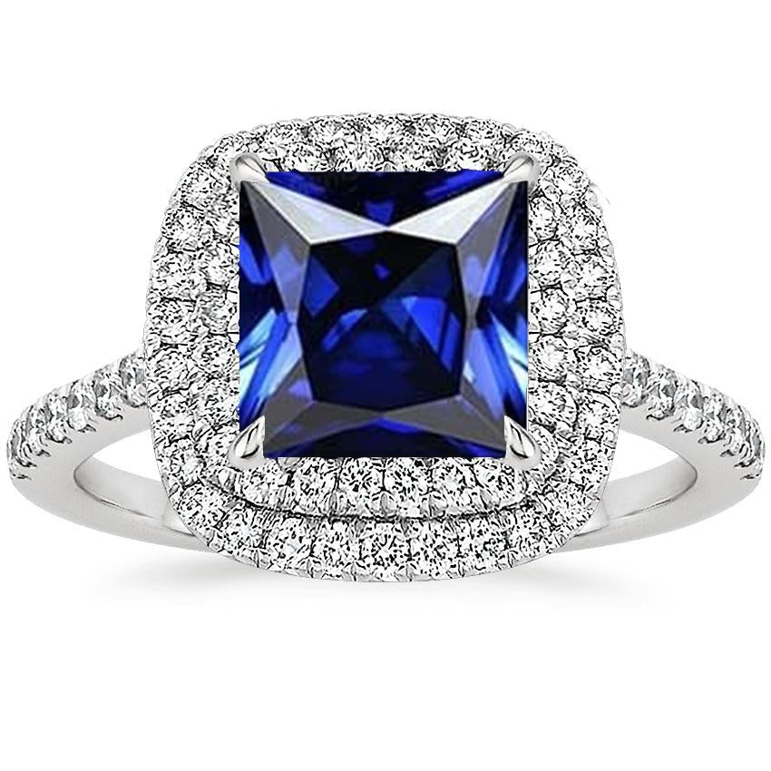 Diamond Engagement Ring Double Halo Blue Sapphire 7 Carats White Gold