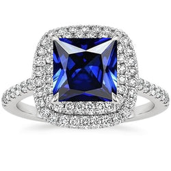 Diamond Engagement Ring Double Halo Blue Sapphire 7 Carats White Gold