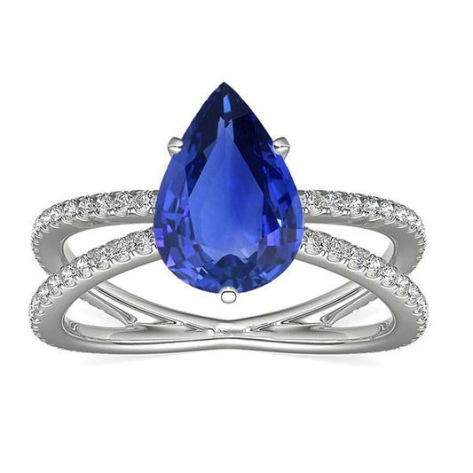 Diamond Engagement Ring Pear Blue Sapphire 5 Carats Split Shank