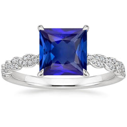 Natural Earth Mined Diamond Engagement Ring Princess Blue Sapphire 6 Carats Pave Setting