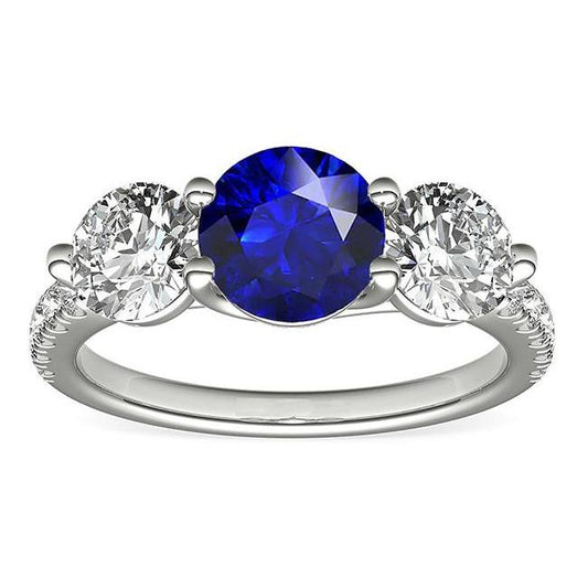 Diamond Engagement Ring Round Ceylon Sapphire 3 Carats Jewelry