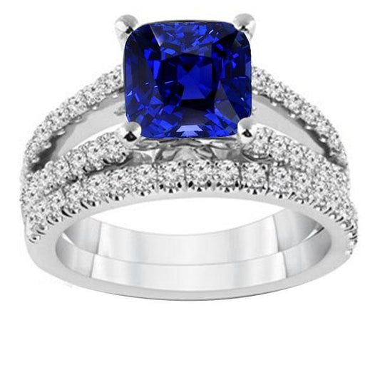 Diamond Engagement Ring Set Cushion Sri Lankan Sapphire 3.50 Carats