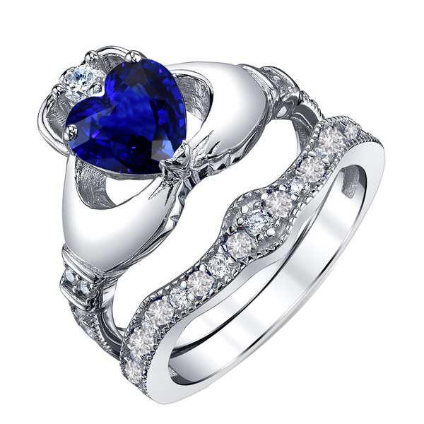 Diamond Engagement Ring Set Heart Ceylon Sapphire 3.50 Carats Gold