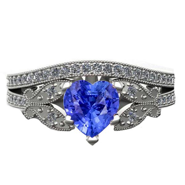 Diamond Engagement Ring Set Heart Sapphire Butterfly Style 3 Carats