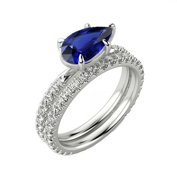 Diamond Engagement Ring Set Pear Sri Lankan Sapphire 3.50 Carats