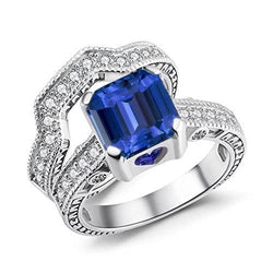 Diamond Engagement Ring Set Vintage Style Blue Sapphire 3.50 Carats