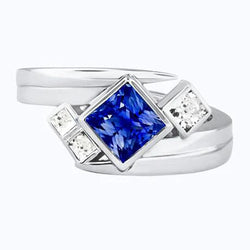 Natural Earth Mined Diamond Fancy Ring 2 Carats Bezel Princess Blue Sapphire
