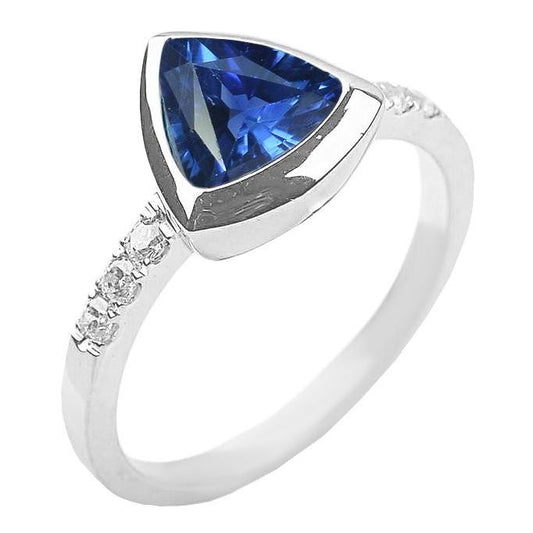 Diamond Gemstone Jewelry 2 Carat Trillion Bezel Set Blue Sapphire Ring