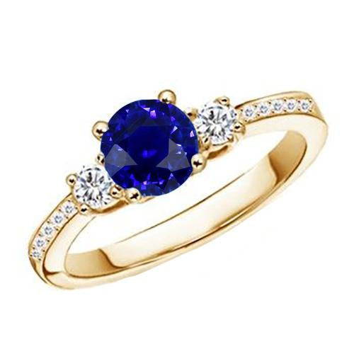 Diamond Gemstone Ring Blue Sapphire 2 Carats 3 Stone Style Yellow Gold