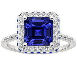 Natural Earth Mined Diamond Gemstone Ring Halo Princess Blue Sapphire Gold 14K 4.50 Carats