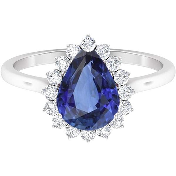 Diamond Halo Anniversary Pear Shaped Blue Sapphire Ring 4.50 Carats