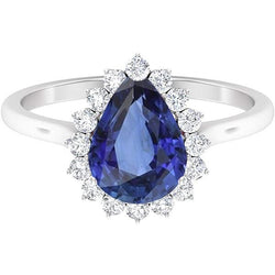 Natural Earth Mined Diamond Halo Anniversary Pear Shaped Blue Sapphire Ring 4.50 Carats