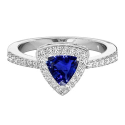 Diamond Halo Anniversary Ring Trillion Cut Sapphire 3 Carats