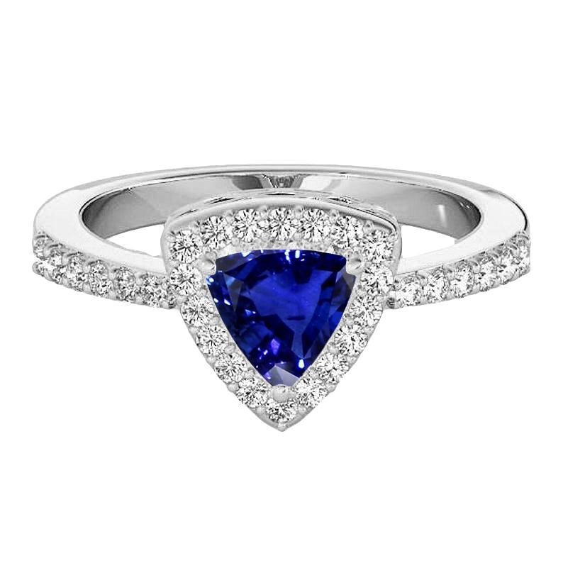 Diamond Halo Anniversary Ring Trillion Cut Sapphire 3 Carats