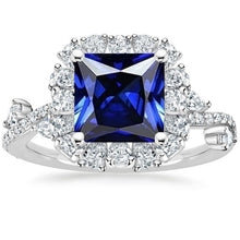 Diamond Halo Blue Sapphire Ring Princess Cut With Accents 7.50 Carats