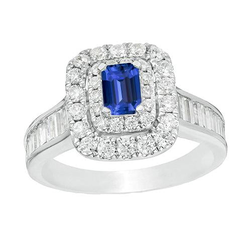 Diamond Halo Ceylon Sapphire Ring Round & Baguette Accented 3 Carats