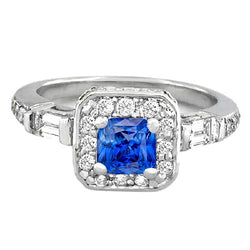 Diamond Halo Cushion Blue Sapphire Ring 2 Carats Women's Jewelry