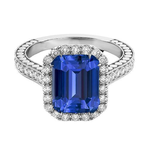 Diamond Halo Emerald Blue Sapphire Ring 4 Carats Prong Set Milgrain