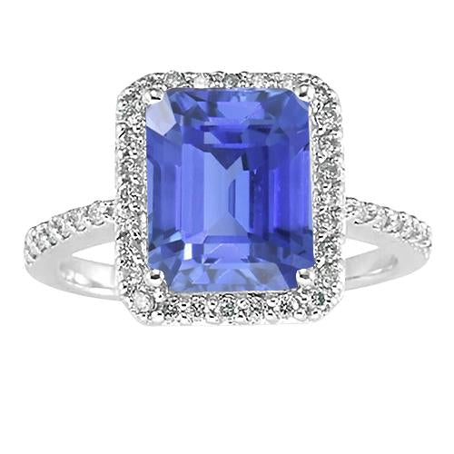 Diamond Halo Emerald Sri Lankan Sapphire Ring 4.50 Carats Gold