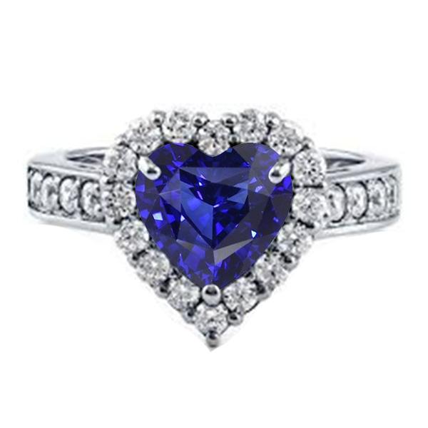 Diamond Halo Engagement Ring Heart Cut Blue Sapphire 4 Carats