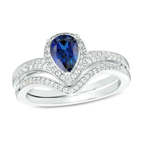 Diamond Halo Engagement Ring Set Pear Cut Blue Sapphire New 4 Carats