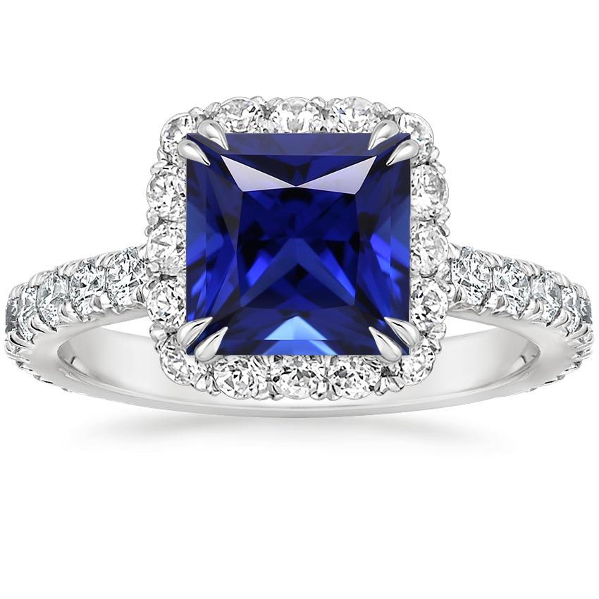 Diamond Halo Gemstone Ring Ceylon Sapphire Princess Pave Set 6 Carats