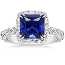 Natural Earth Mined Diamond Halo Gemstone Ring Ceylon Sapphire Princess Pave Set 6 Carats
