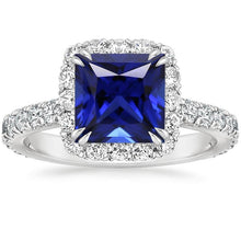 Diamond Halo Gemstone Ring Ceylon Sapphire Princess Pave Set 6 Carats